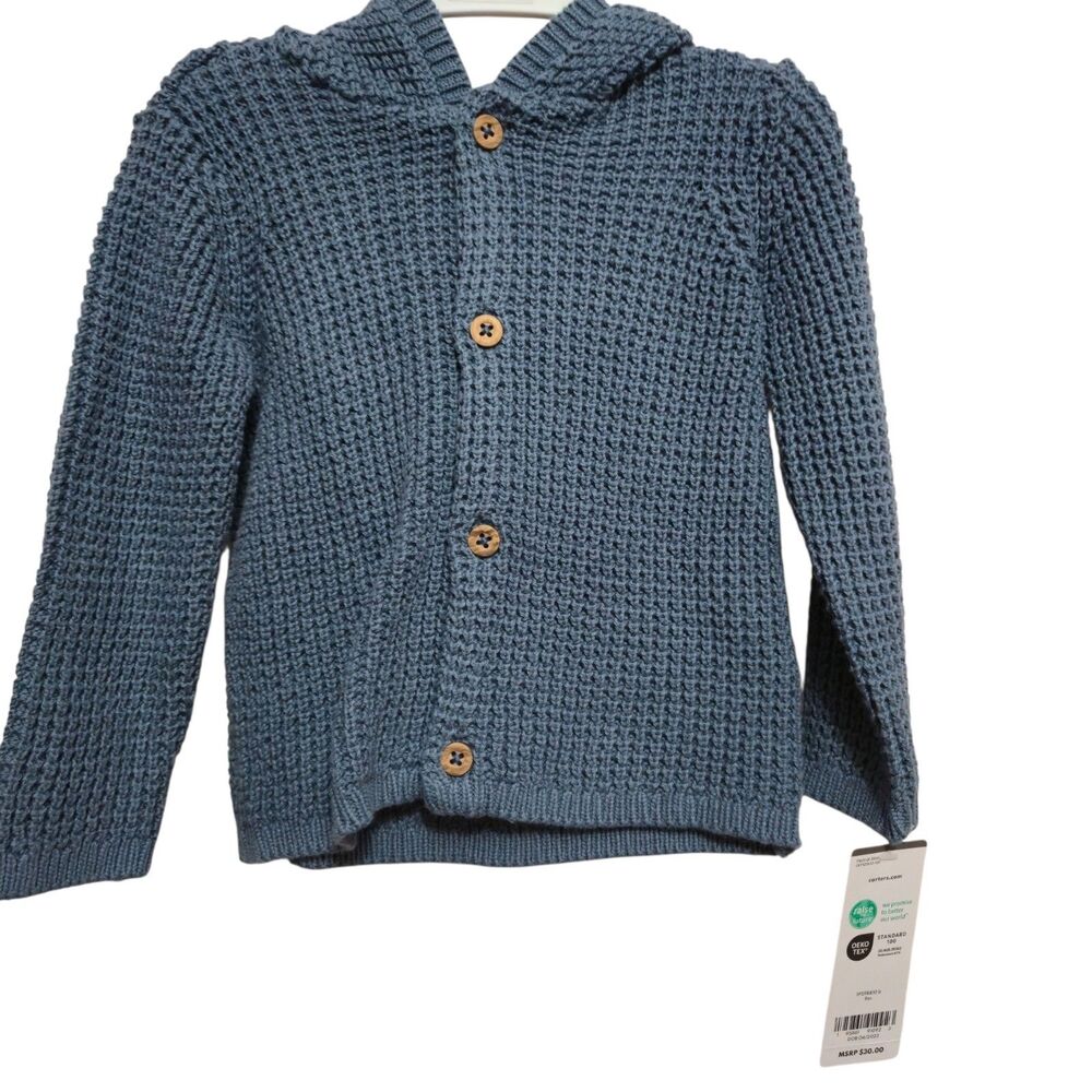 Carter's Hooded Waffle Knit Cardigan Blue Baby Boy 9 months Cotton NEW